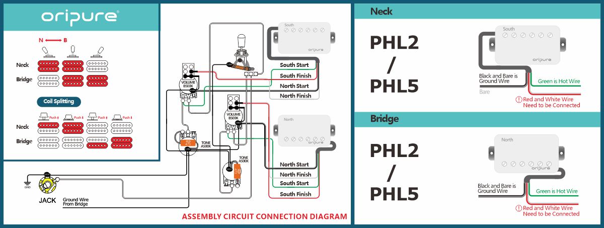 LP-2T2V(COIL SPILTING) OriPure Pickups Wiring Diagram